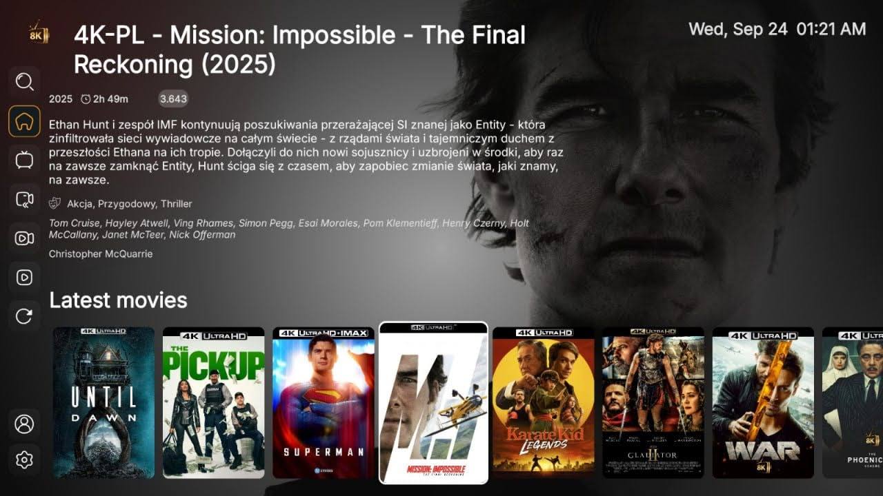 8K Player movies screen on a TV
