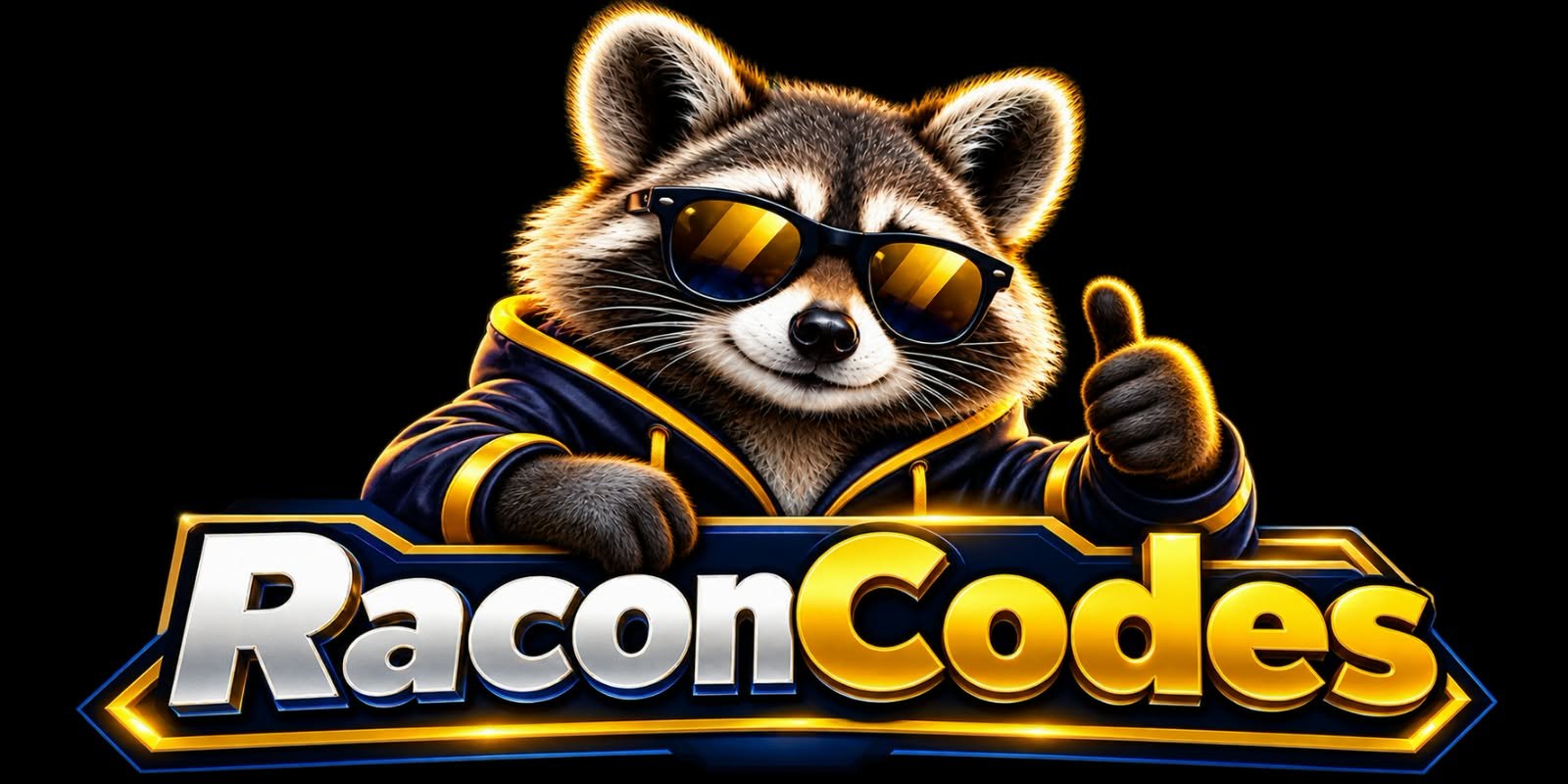 RaccoonCodes raccoon mascot in sunglasses giving a thumbs up